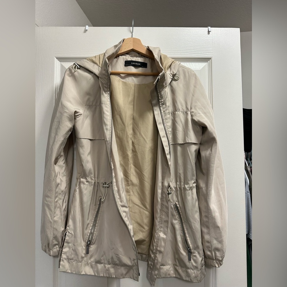 Zara Basic Khaki Hooded Jacket with Zipper Pockets
